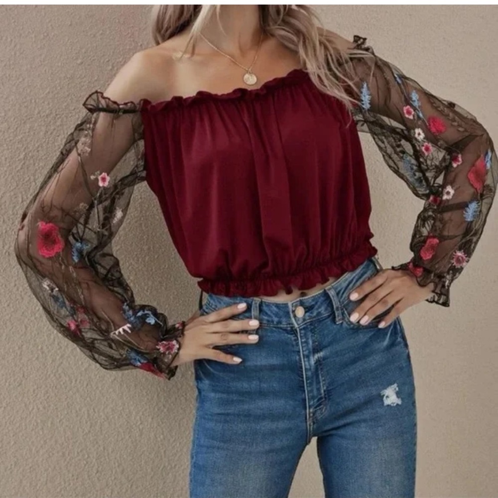 NEW without tags Flower Mesh Embroidered Sleeve Bardot Off-The-Shoulder Top